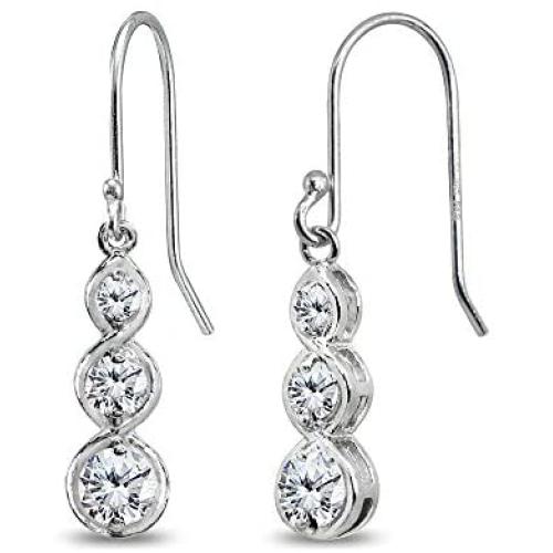 Sterling Silver Genuine or Synthetic Gemstone Round Three Stone Journey Infinity Dangle Earrings