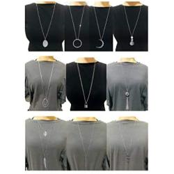 Ofeiyaa 10Pcs Long Pendant Necklace Simple Moon Bar Three Triangle Tassel Lock Sweater Y Shape Punk Chain Choker Necklace for Women Men Gold Silver Tone
