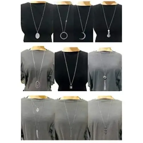 Ofeiyaa 10Pcs Long Pendant Necklace Simple Moon Bar Three Triangle Tassel Lock Sweater Y Shape Punk Chain Choker Necklace for Women Men Gold Silver Tone