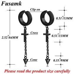 Fusamk Punk Rock Stainless Steel Cross Ear Clip Earrings Long Chain Drop Dangle Earrings