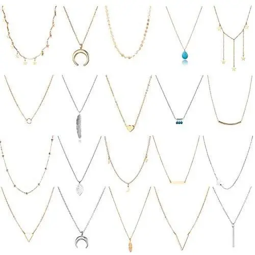 TAMHOO 20 PCS Multiple DIY Layered Choker Necklace for Women with Sexy Coin Moon Star Multilayer Choker Chain Y Necklaces Set Adjustable Gold Silver Bar Pendant Y Necklace for Teens Girls Women