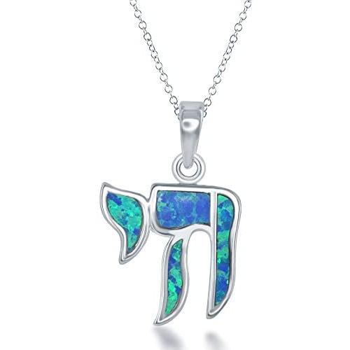 Beaux Bijoux Sterling Silver Created Blue Opal Hebrew Chai (Life) Pendant with 18'' Chain