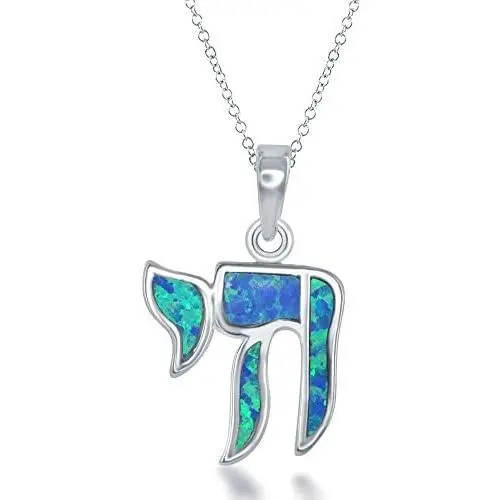 Beaux Bijoux Sterling Silver Created Blue Opal Hebrew Chai (Life) Pendant with 18'' Chain Beaux Bijoux Sterling Silver Created Blue Opal Hebrew Chai (Life) Pendant with 18'' Chain