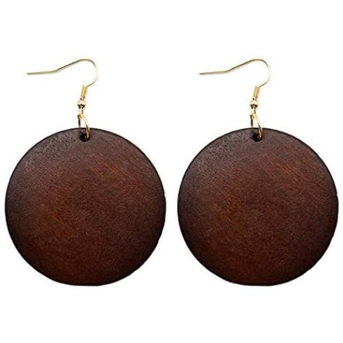 SMALLLOVE Wooden Earrings for Women Girls Vintage African Bohemian Ethnic Wood Big Round Circle Geometric Lightweight Dangle Drop Hook Earrings