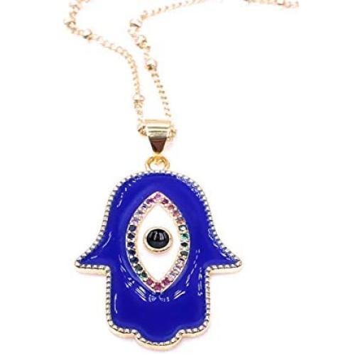 Mava Art Gold Plated Blue Enamel Hamsa Hand Necklace for Women 18K Plated Chain Evil Eye Jewelry