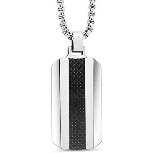 DOG TAG NECKLACE - TUNGSTEN WITH BLACK CARBON FIBER INLAY ON 3MM STAINLESS STEEL BOX CHAIN