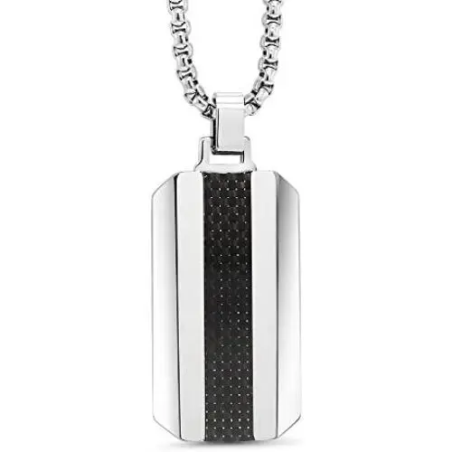 DOG TAG NECKLACE - TUNGSTEN WITH BLACK CARBON FIBER INLAY ON 3MM STAINLESS STEEL BOX CHAIN DOG TAG NECKLACE - TUNGSTEN WITH BLACK CARBON FIBER INLAY ON 3MM STAINLESS STEEL BOX CHAIN