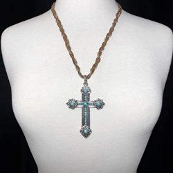 Gypsy Jewels Long Braided Faux Suede & Silver Tone Chain Unique Large Charm Pendant Simulated Turquoise Necklace & Dangle Earrings Set
