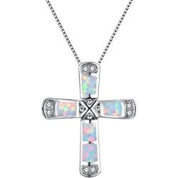 Platinum Plated Fire Opal Rhinestone Christian Cross Pendant Religious Necklace
