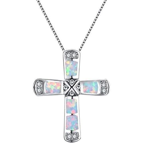 Platinum Plated Fire Opal Rhinestone Christian Cross Pendant Religious Necklace