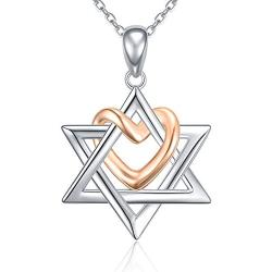 925 Silver Star of David pendant with Rose Gold Heart Necklace Mother Day Jewelry Gift for Mom Women Girls