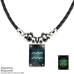 Punk 12 Constellations Square Tag Pendant Necklace for Men Leather Chain Necklace Jewelry Birthday Gifts