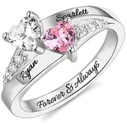 AILIN Sterling Silver Engagement Ring Promise Ring for Her 2 Heart Birthstones 2 Names & 1 Engraving Customized & Personalized