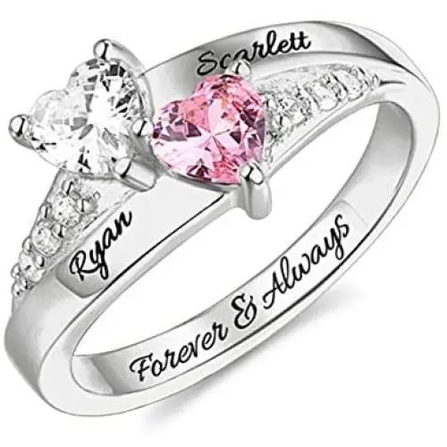 AILIN Sterling Silver Engagement Ring Promise Ring for Her 2 Heart Birthstones 2 Names & 1 Engraving Customized & Personalized