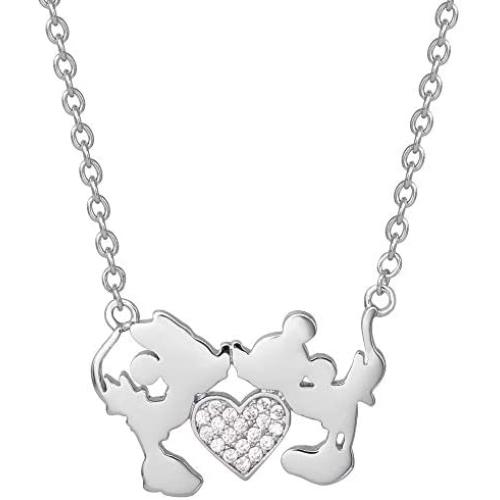 Disney Mickey Mouse and Minnie Mouse Silver Plated Kiss Necklace, Jewelry for Women
