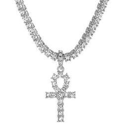 putouzip Men Ankh Key Pendant, 18k Gold Plated Fully Iced Out Rhinestone Tennis Chain Necklace
