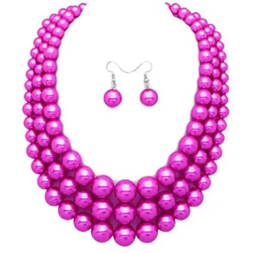 Womens Simulated Faux Three Multi-Strand Pearl Statement Necklace and Earrings Set Womens Simulated Faux Three Multi-Strand Pearl Statement Necklace and Earrings Set