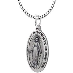 US Jewels 925 Sterling Silver 1in Oval Miraculous Virgin Mary Antique Finish Pendant Necklace, 18in thru 24in