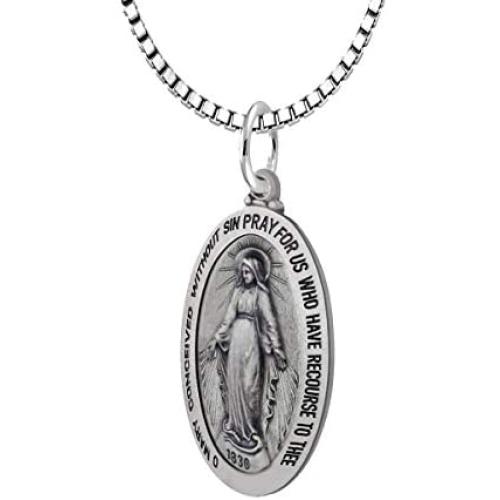 US Jewels 925 Sterling Silver 1in Oval Miraculous Virgin Mary Antique Finish Pendant Necklace, 18in thru 24in