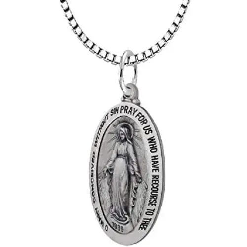 US Jewels 925 Sterling Silver 1in Oval Miraculous Virgin Mary Antique Finish Pendant Necklace, 18in thru 24in