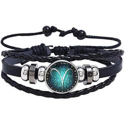 zodiac bracelet for men,Stainless Steel Personality Vintage Punk Black Leather Bracelets for Men Women