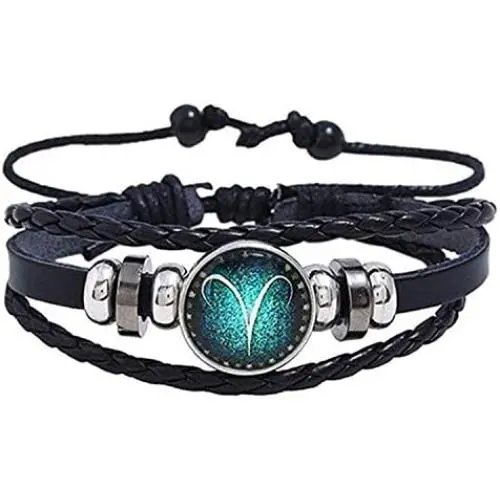 zodiac bracelet for men,Stainless Steel Personality Vintage Punk Black Leather Bracelets for Men Women zodiac bracelet for men,Stainless Steel Personality Vintage Punk Black Leather Bracelets for Men Women