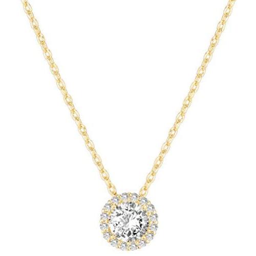 PAVOI 14K Gold Plated Post Faux Diamond Round Solitaire Pendant Halo Necklace | Gold Necklace for Women | Slider Adjustable