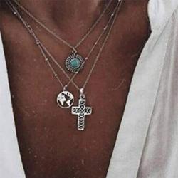 Twinklede Boho Layered Necklace Silver Turquoise Pendant Necklaces Chain Map Necklace Jewelry for Women and Girls (Silver 1)
