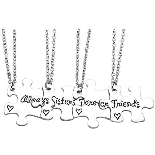 JOVIVI 4pcs Silver Engraved Always Sisters Forever Friends Necklace Jigsaw Puzzle Piece Friendship Necklace Pendant for Best Friend BBF Jewelry