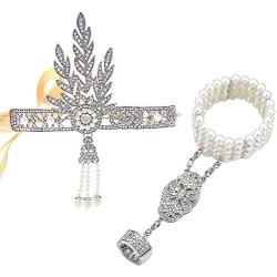 BABEYOND 1920s Flapper Headband and Gatsby Bracelet Adjustable Ring Set Great Gatsby Inspired Leaf Simulated 1920s Jewelry Set Silver-Tone