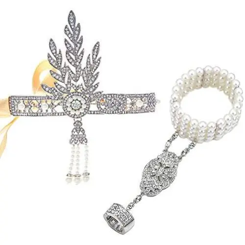BABEYOND 1920s Flapper Headband and Gatsby Bracelet Adjustable Ring Set Great Gatsby Inspired Leaf Simulated 1920s Jewelry Set Silver-Tone BABEYOND 1920s Flapper Headband and Gatsby Bracelet Adjustable Ring Set Great Gatsby Inspired Leaf Simulated 1920s Jewelry Set Silver-Tone