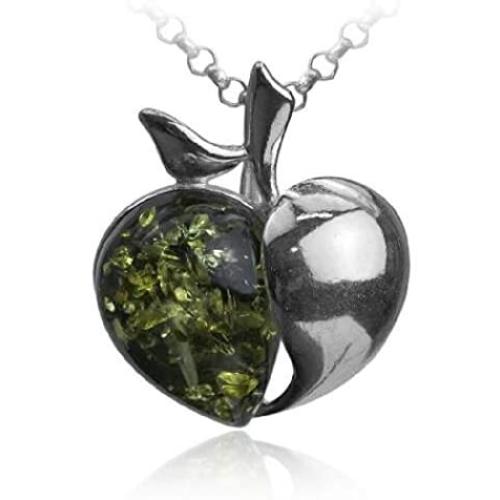 Sterling Silver Green Amber Apple Necklace Pendant Chain 18 Inches