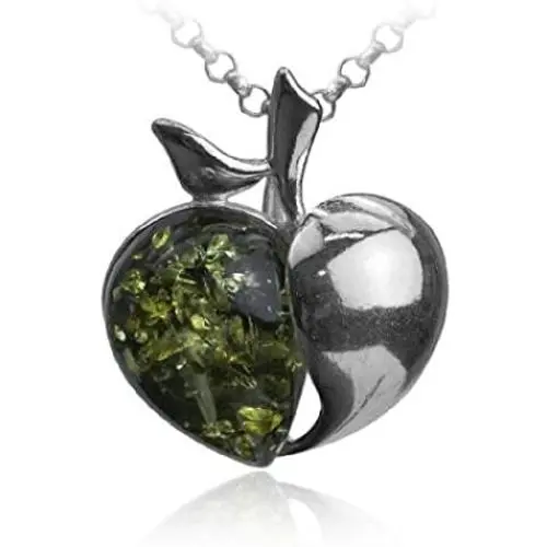 Sterling Silver Green Amber Apple Necklace Pendant Chain 18 Inches Sterling Silver Green Amber Apple Necklace Pendant Chain 18 Inches