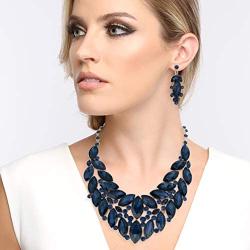 SP Sophia Collection Drop Collar Austrian Crystal Marquise Rhinestone Cluster Necklace and Stud Post Dangling Earring Set