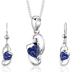Created Sapphire Pendant Earrings Necklace Sterling Silver Heart Shape 2.00 Carats