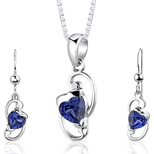 Created Sapphire Pendant Earrings Necklace Sterling Silver Heart Shape 2.00 Carats