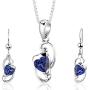 Created Sapphire Pendant Earrings Necklace Sterling Silver Heart Shape 2.00 Carats