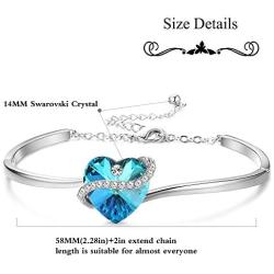 Sllaiss “Deep Love” Blue Heart Crystal Bangle Bracelet for Women Platinum Plated Adjustable Bracelet, Love Jewelry Gifts for Her, Crystals from Swarovski