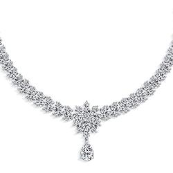 Vintage Style Fashion Bridal Multi Marquise Leaf Starburst AAA CZ Statement Collar Tennis Necklace Matching Chandelier Dangle Earrings Jewelry Set for Women Wedding Prom Pageant Silver Plated