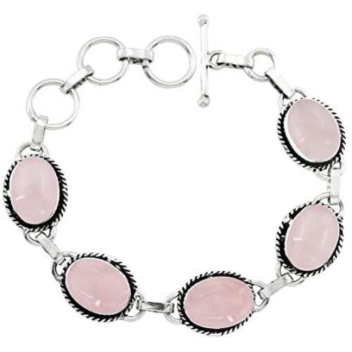 Rose Quartz Bracelet 925 Silver Overlay Handmade Vintage Style Jewelry for Women Mom Wife
