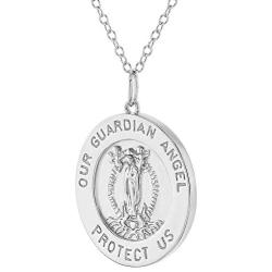 925 Sterling Silver Guardian Angel Round Medal Religious Pendant Necklace 19''