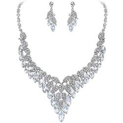 EVER FAITH Bridal Jewelry Sets Marquise Crystal Statement Leaf Floral Necklace Earrings Set for Women