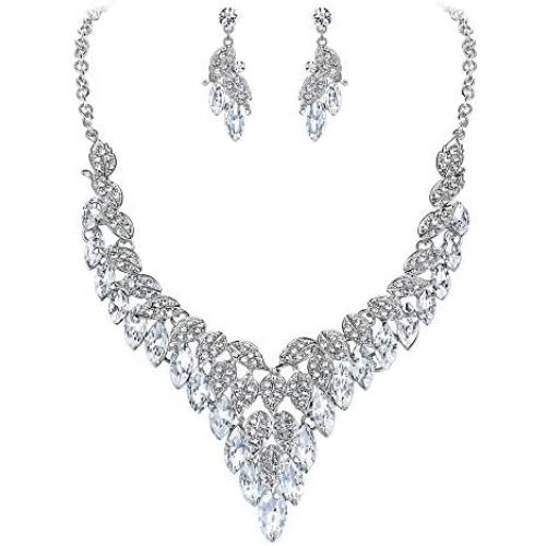 EVER FAITH Bridal Jewelry Sets Marquise Crystal Statement Leaf Floral Necklace Earrings Set for Women