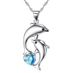 Dolphin Necklace 925 Sterling Silver Dolphin Jewelry with Blue Heart Shaped Crystals Circle Pendant Necklace Dolphin Mother Day Gift for Women Girls