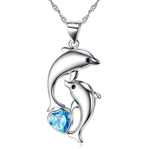 Dolphin Necklace 925 Sterling Silver Dolphin Jewelry with Blue Heart Shaped Crystals Circle Pendant Necklace Dolphin Mother Day Gift for Women Girls