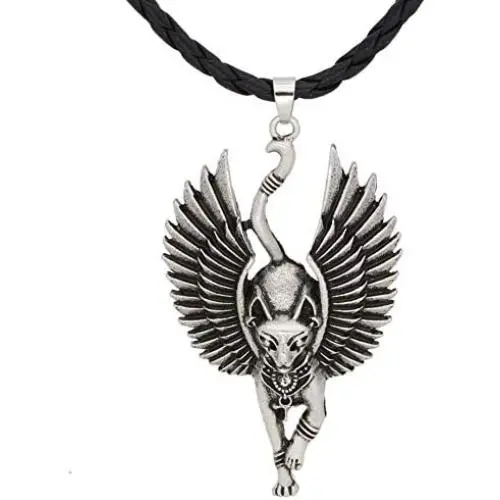 Ancient Treasures Cat Bastet Stainless Steel Pendant Necklace Ancient Egyptian Goddess Bastet Statue Egyptian Sphinx Black Cat Bastet pendant Egypt cat with wing