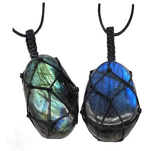 Labradorite Crystal Pendant Necklace, Hand-Knitted Reiki Healing Chakra Crystal Necklace, Natural Polished Palm Blue Moonstone Labradorite Raw Stone Jewelry for Women Men(2Pcs)