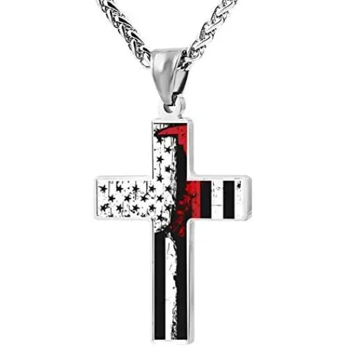 CTWUVS ADPR Firefighter Red Line American Flag Patriotic Cross Pendant Necklace Religious Jewelry for Men CTWUVS ADPR Firefighter Red Line American Flag Patriotic Cross Pendant Necklace Religious Jewelry for Men