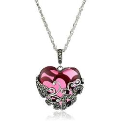 Amazon Collection Sterling Silver Oxidized Marcasite and Gemstone Colored Glass Filigree Heart Pendant Necklace, 18''