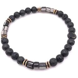 Mens Recycled Glass & Lava Stretch Bead Bracelet Handcrafted in USA - Black